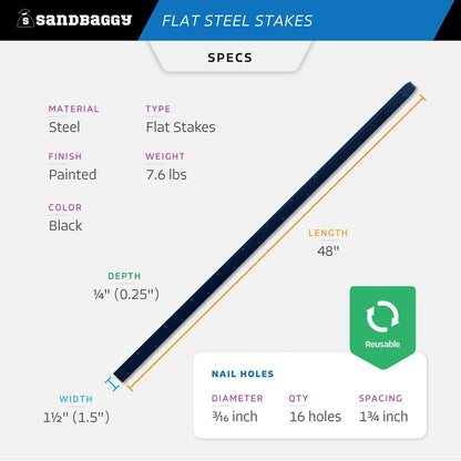 Sandbaggy Flat Steel Stakes for Concrete Forms with Nail Holes - 1.5" Wide - Painted - Removable