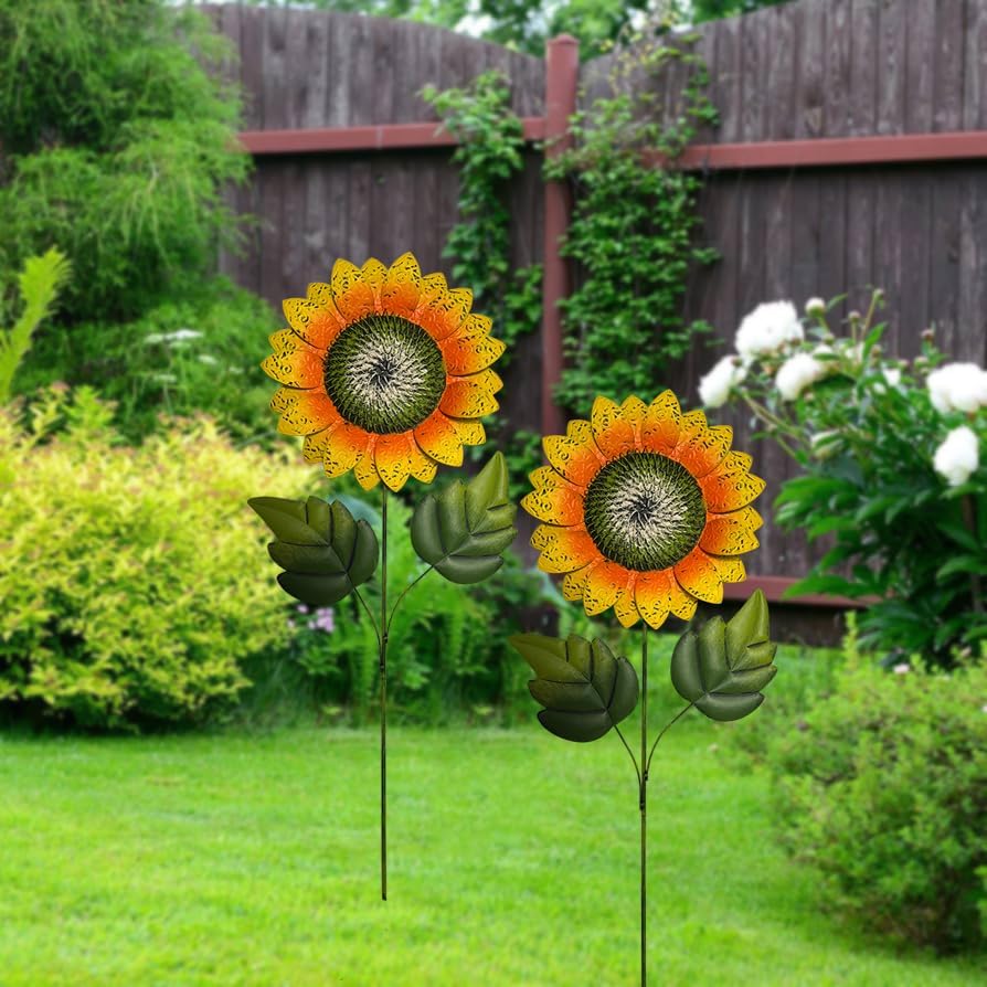 Outdoor Metal Sunflower Stakes, 40 Inch Height, 13 Inch Flower Head, Garden Decor, Set of 2