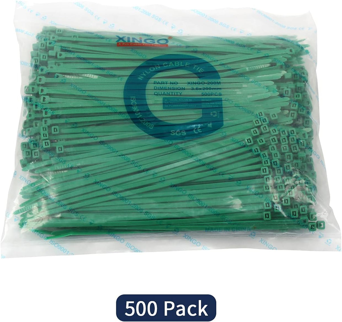 XINGO 8 Inch Green Cable Zip Ties (500 Pack), 40 Lbs Tensile Strength-Heavy Duty, Self-Locking