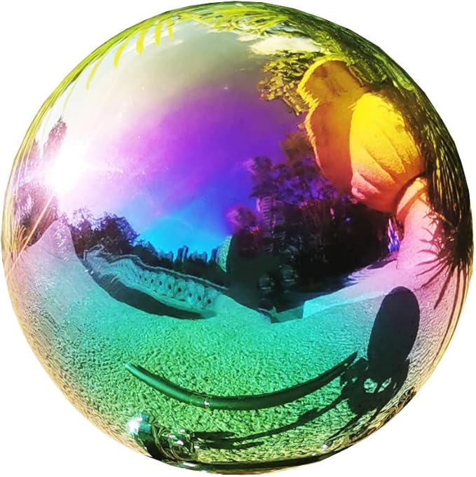 Rainbow Gazing Globe Mirror Ball in Stainless Steel, Shiny Hollow Sphere Sparkling Housewarming