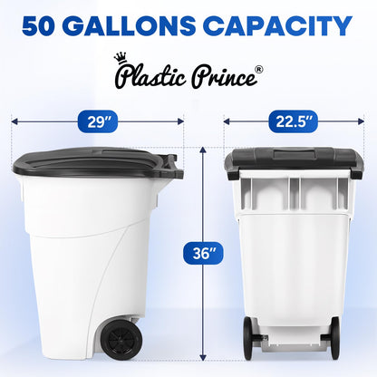 50 Gallon Trash Can, White Outdoor Garbage Can, Wheeled Outside Trash Bin Outdoor with Lid and