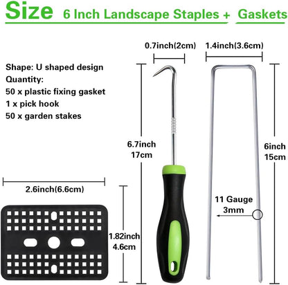 Bakulyor 50 Pcs Landscape Staples + 50 Pcs Gasket, 6 Inch Garden Stakes Staples 11 Gauge U Shaped