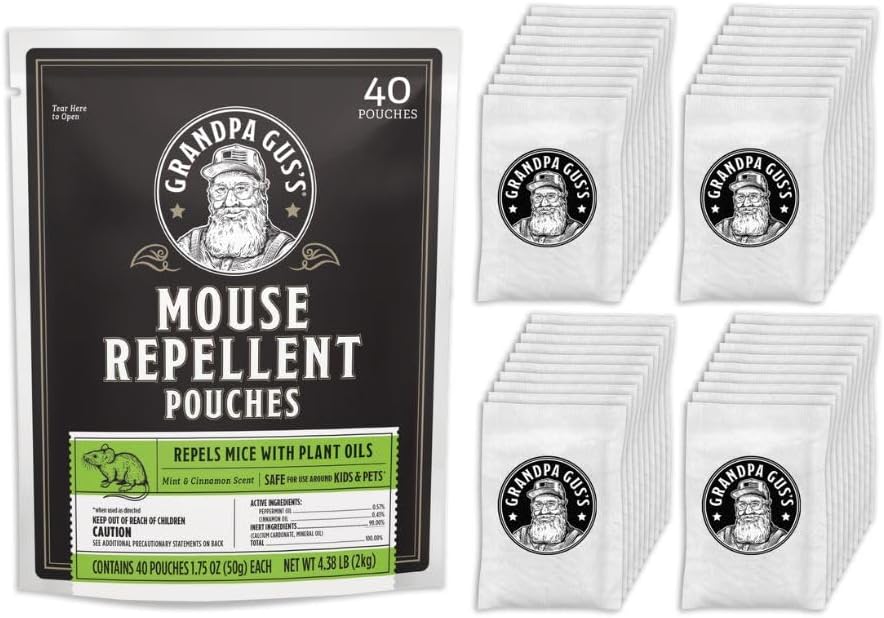 Grandpa Gus's Natural Mouse Repellent Pouches, Cinnamon/Peppermint Oils Repel Mice from Nesting &