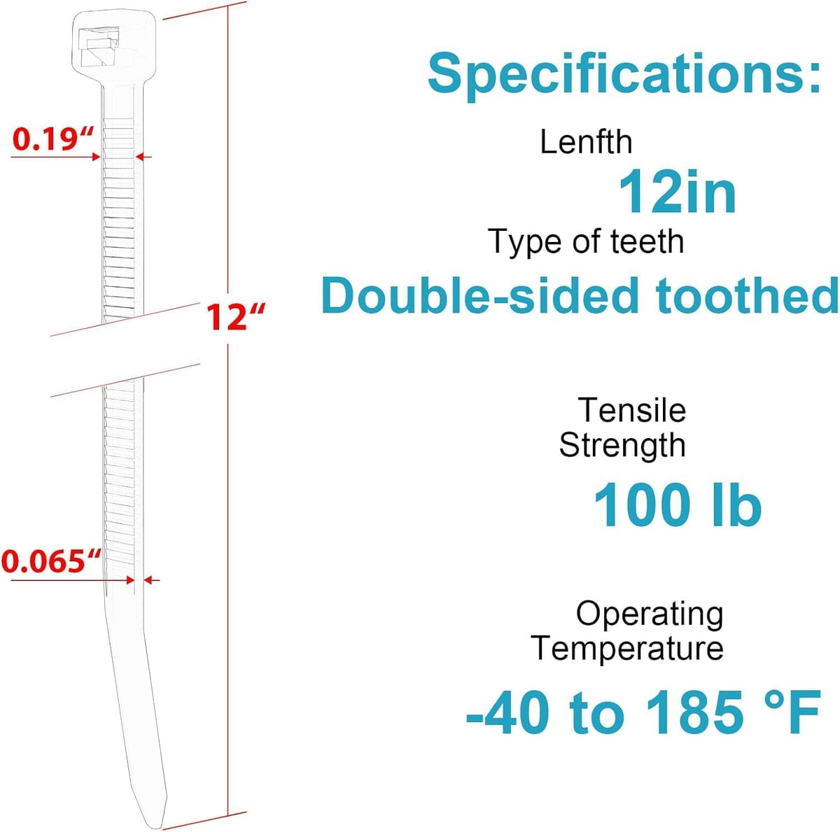12 Inch Zip Ties Double Sided Toothed (Bulk 1000 Pack),100 LBS Tensile Strength Heavy Duty Cable