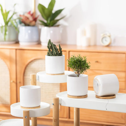 OMAYKEY 4 Inch Ceramic Plant Pot with Saucer, White Planters Pots with Drainage Hole and Mesh Pads