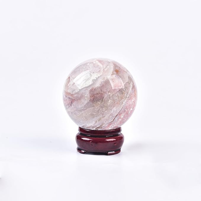 JIC Gem Pink Agate Crystal Ball with Wooden Stand Pink Healing Crystal Sphere Ball for Feng Shui
