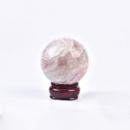 JIC Gem Pink Agate Crystal Ball with Wooden Stand Pink Healing Crystal Sphere Ball for Feng Shui