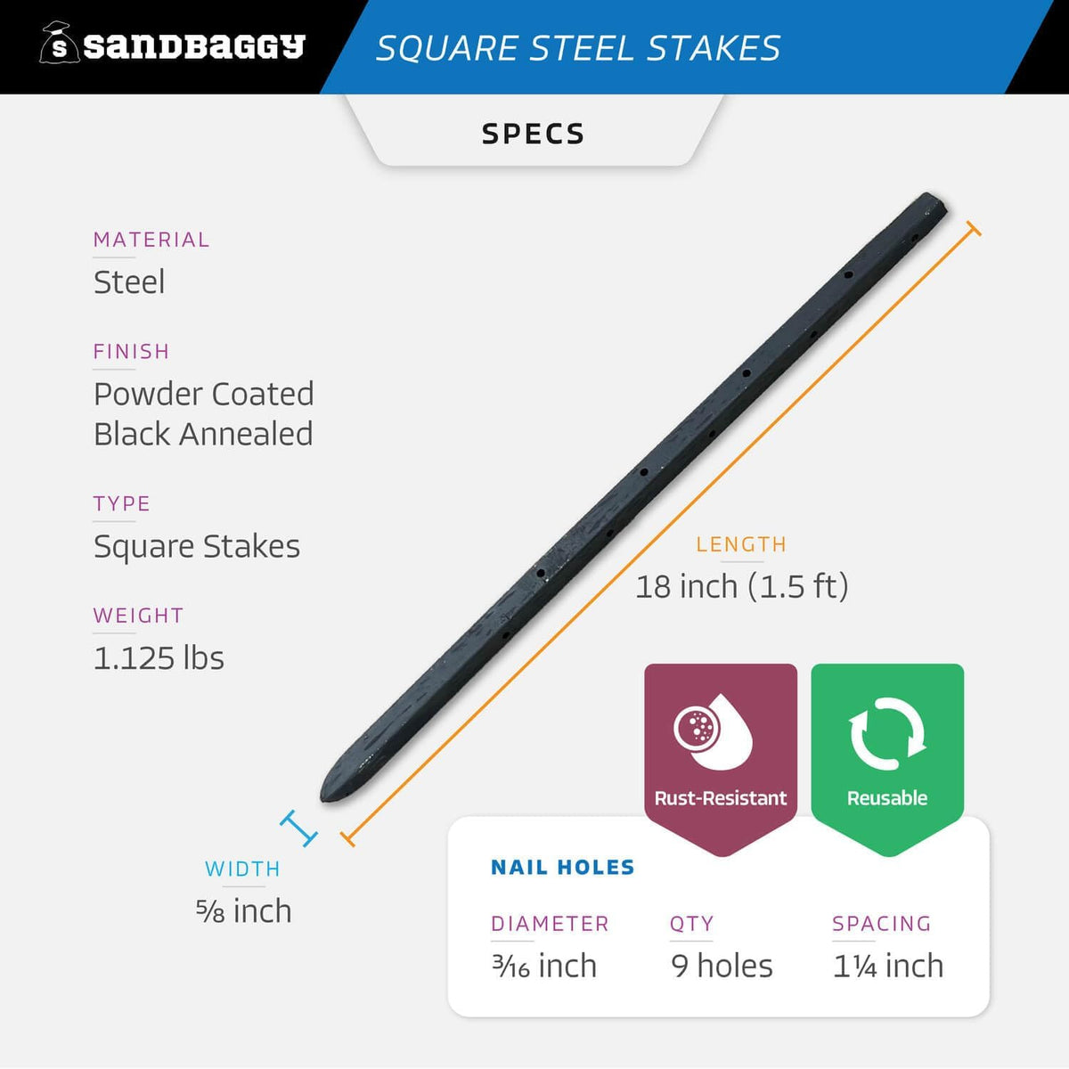 Sandbaggy 18" Square Steel Concrete Form Stakes with Nail Holes - 5/8" Wide - Rust Resistant