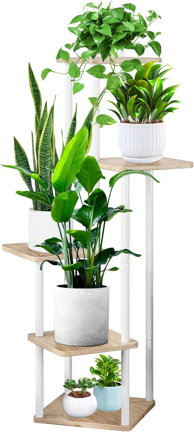 5 Tier Wood Tall Plant Stand Metal Rack Indoor, Multiple Flower Pot Holder Shelves Corner Rack