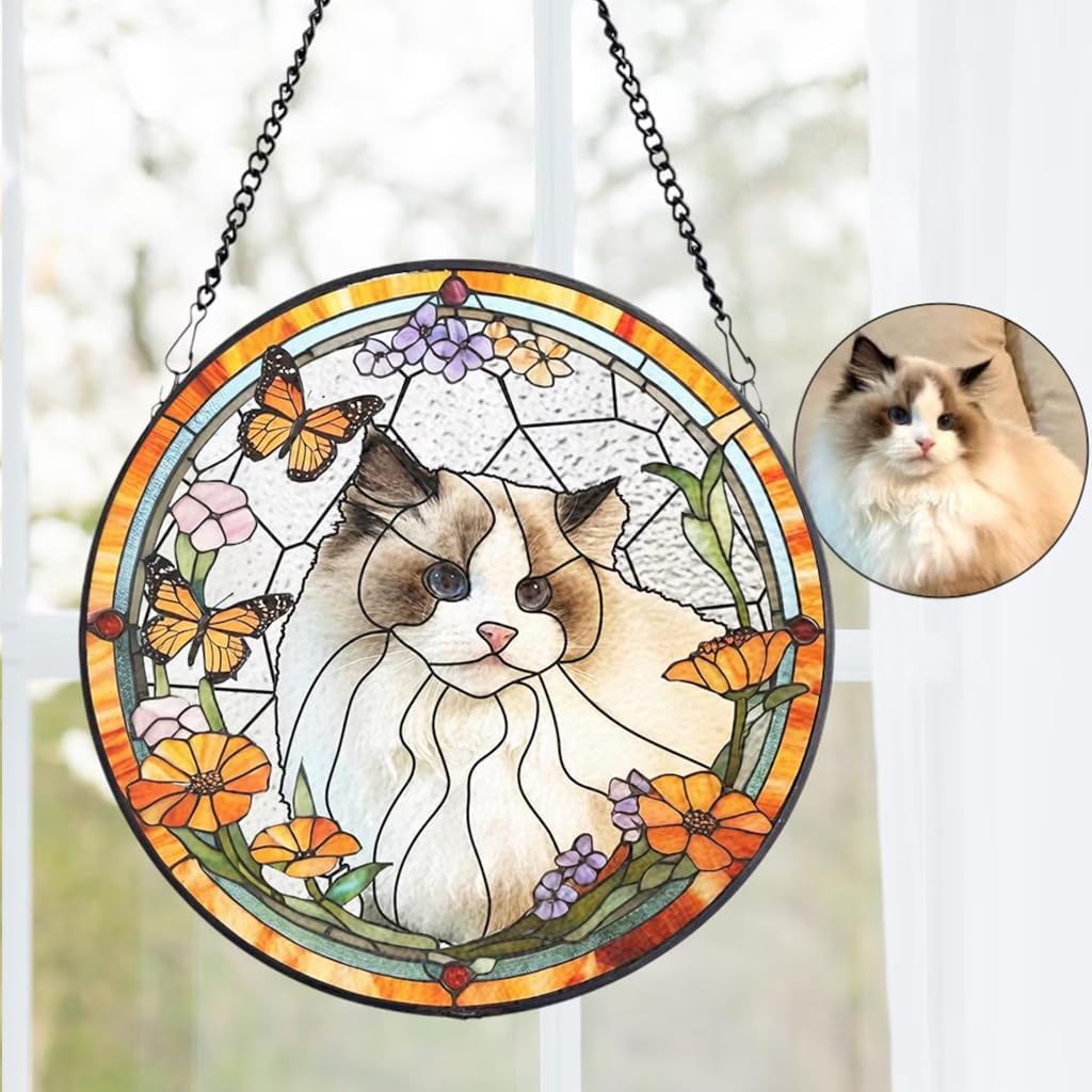 Custom Cat Portrait Stained Glass Window Hanging Light Catcher, Pet Memorial Stained Glass Photo