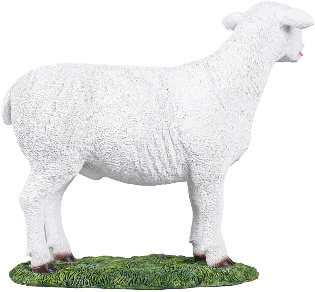 White Standing Lamb Garden Statue, Decorative Resin Sheep Figurine on Grass Base, Farmhouse Animal
