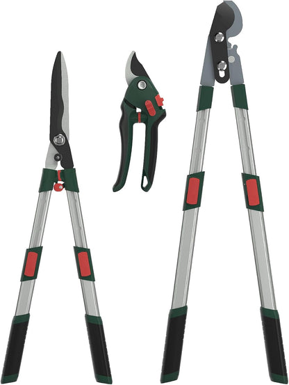 GARTOL 3-Piece Garden Tool Set - Bypass Lopper, Hedge Shears, Pruning Shears with Telescopic