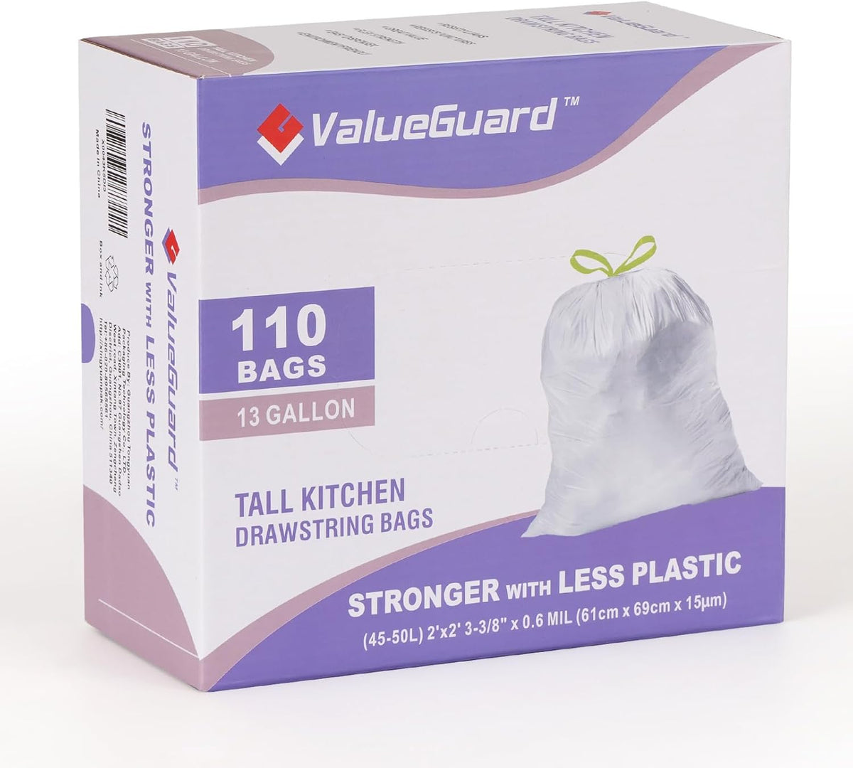 Trash Bags Garbage Bag 13 Gallon Drawstring Tall Waste Bag for Kitchen Office Party 0.6 Mil (110