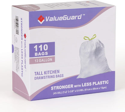 Trash Bags Garbage Bag 13 Gallon Drawstring Tall Waste Bag for Kitchen Office Party 0.6 Mil (110