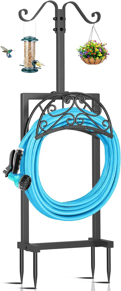 Garden Hose Holder Hanger Freestanding, Upgraded 4 Spikes Heavy Duty Storage Reel Stand with