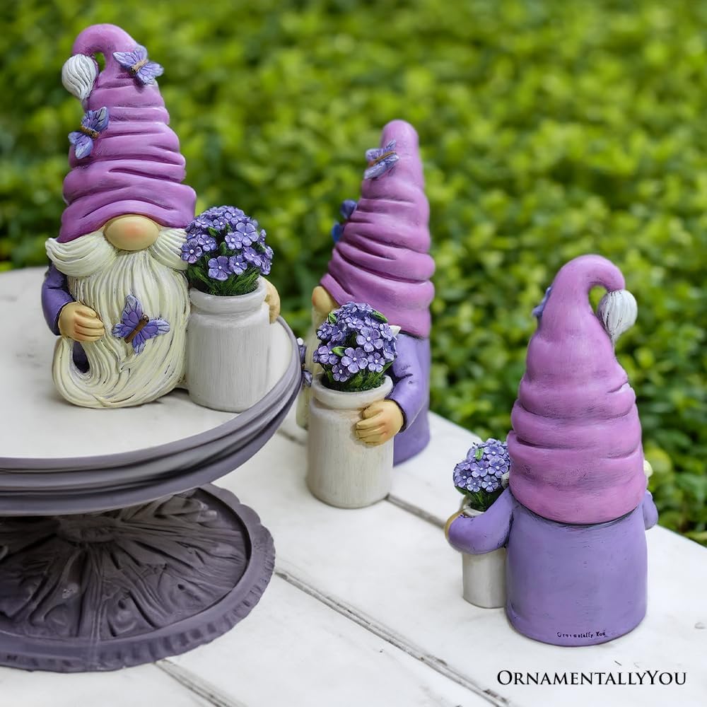 OrnamentallyYou Garden Grace Lavender Gnome Figurine, 10" Purple Home Decor Statue with Butterflies