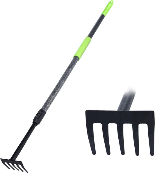 Hand Rake, Adjustable Handle Garden Small Rake Garden Tool, Heavy Duty Hand Tiller Cultivator with