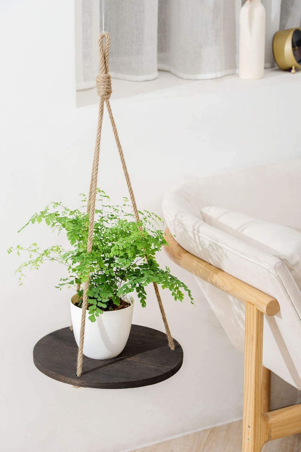Dahey Plant Hanger Indoor, Round Hanging Plant Shelf Farmhouse Decor, Brown