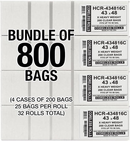 Aluf Plastics High Density Trash Bags, 56 Gallon, 800 Count, 16 Micron (eq), 43" x 48", Clear, for