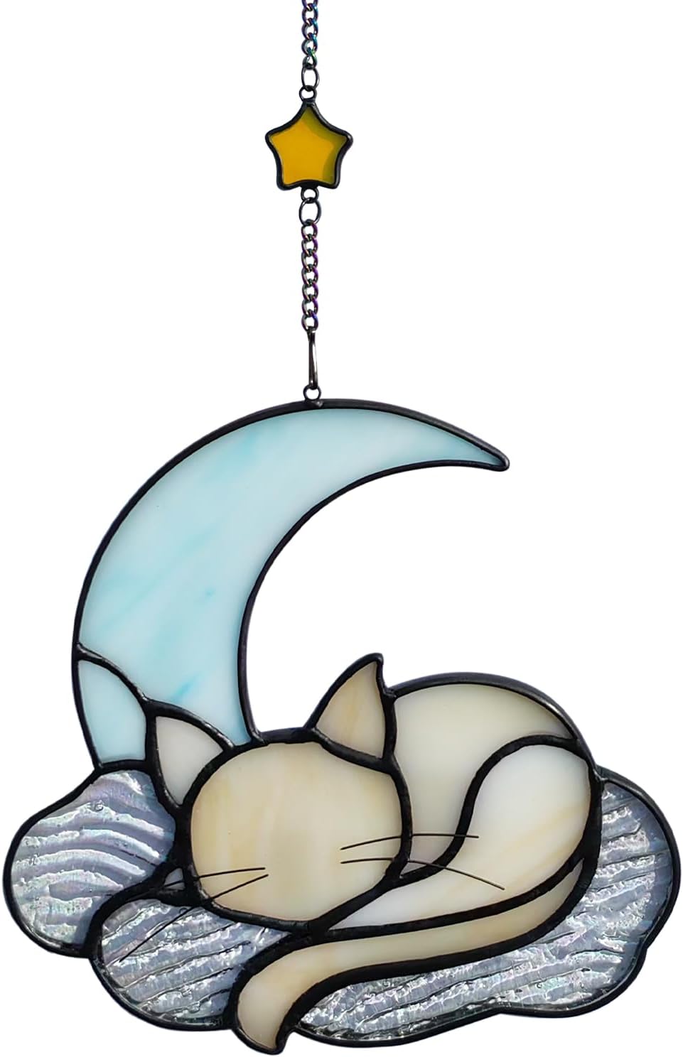 Orange Cat Decor On Blue Moon, Stained Glass Window Hanging, Suncatcher for Windows Panels