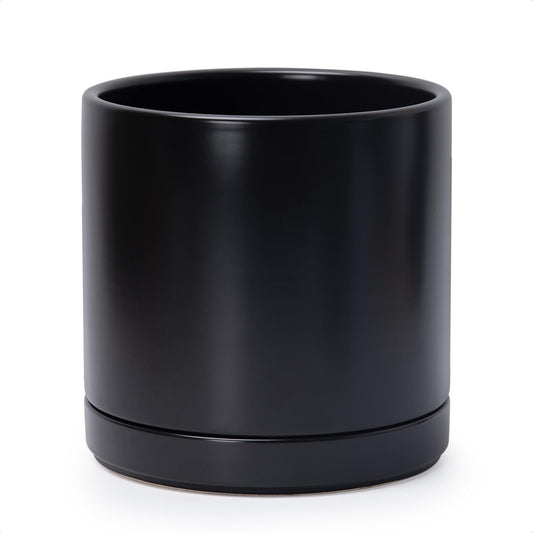 D'vine Dev 10 Inch Ceramic Planter Pot with Drainage Hole and Saucer, Indoor Cylinder Round Planter