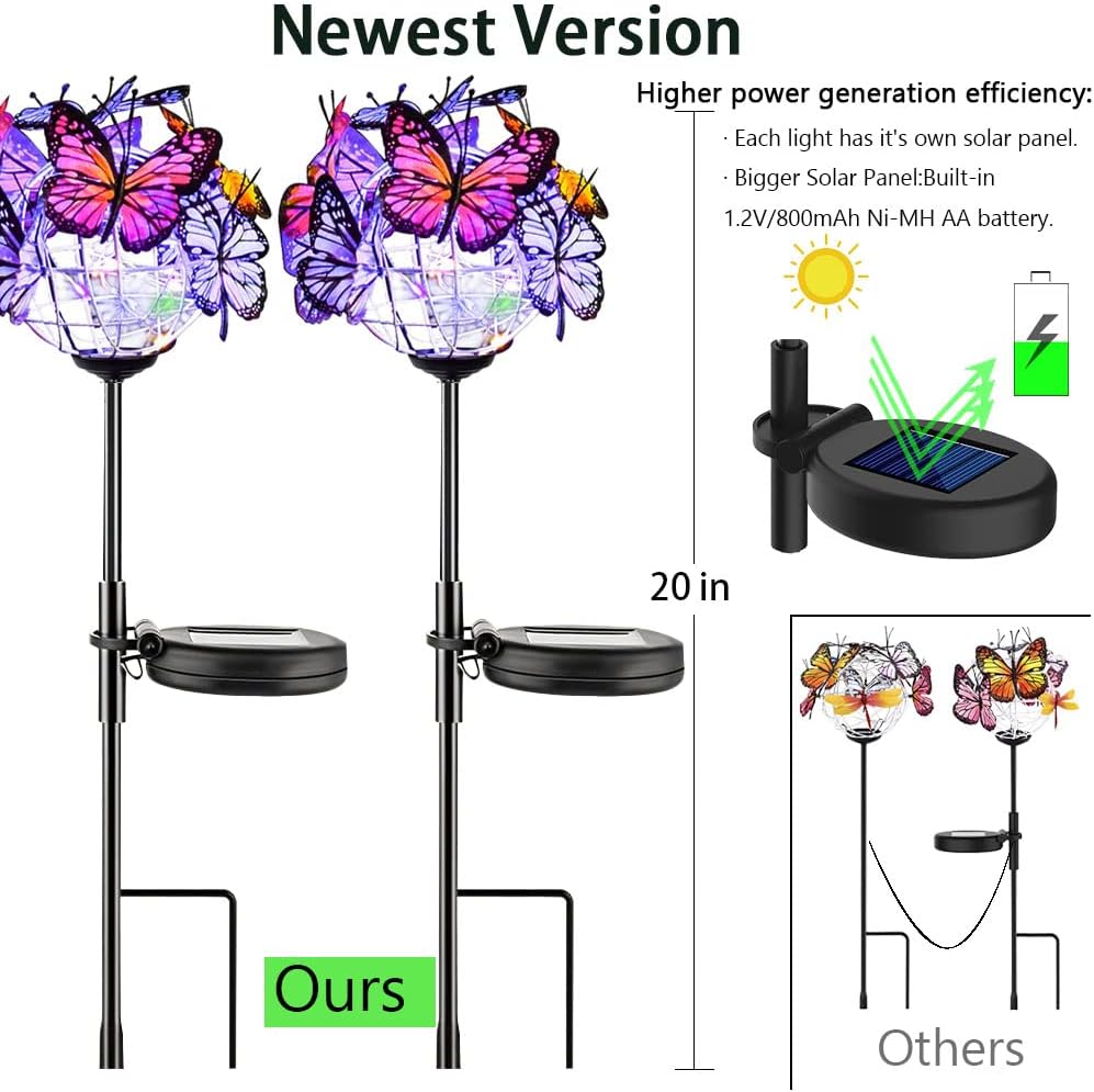 Outdoor Solar Lights 2 Pack, Solar Garden Lights with 18 Butterflies Decoration Outdoor Lamps