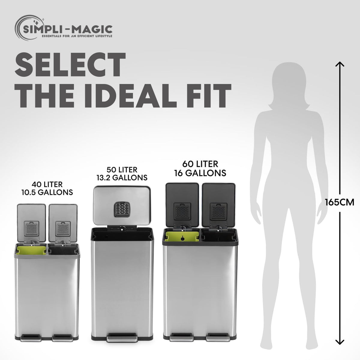 SIMPLI-MAGIC 50 Liter / 13.2 Gallon Soft-Close, Smudge Resistant Trash Can with Foot Pedal and