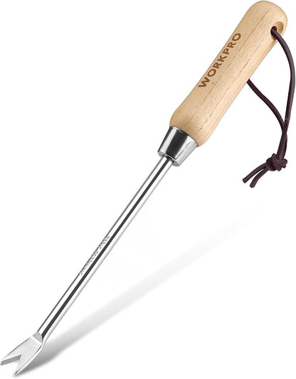 WORKPRO Dandelion Weeder Puller Tool with Wood Handle, Polished Stainless Steel Garden Weed Remover