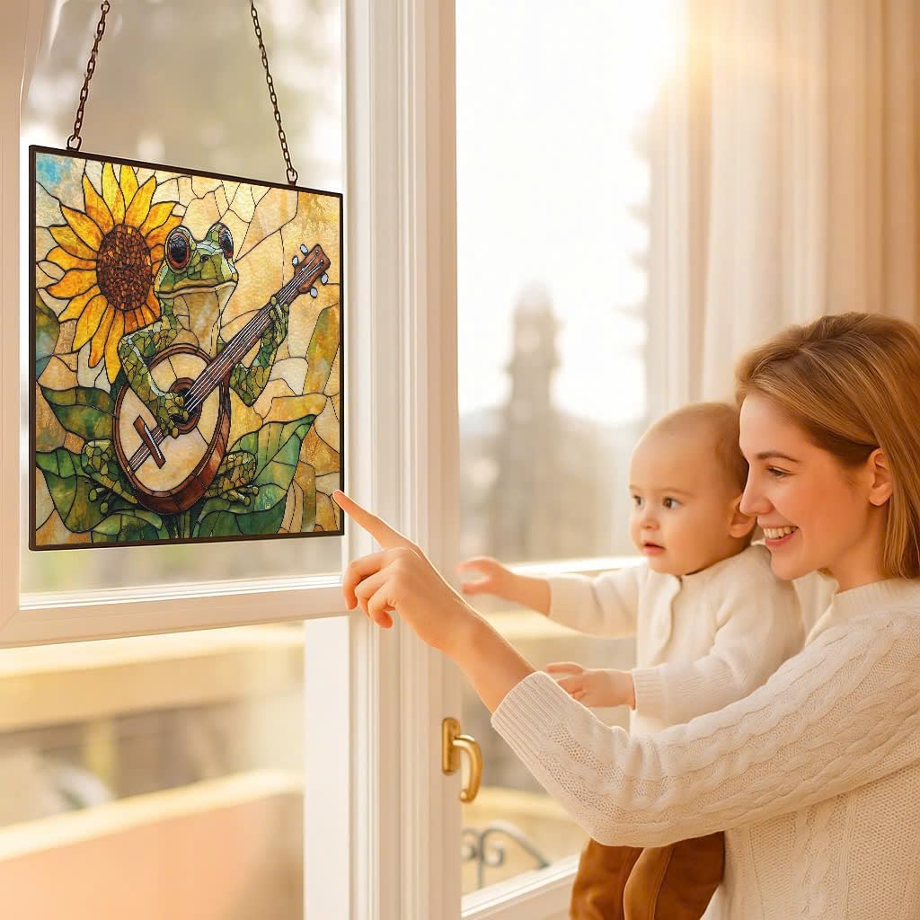 Customized Rectangle Boho Frog Playing Banjo Stained Glass Window Hanging Suncatcher Stained Glass