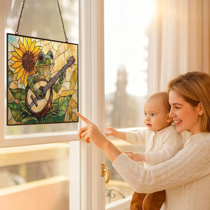 Customized Rectangle Boho Frog Playing Banjo Stained Glass Window Hanging Suncatcher Stained Glass