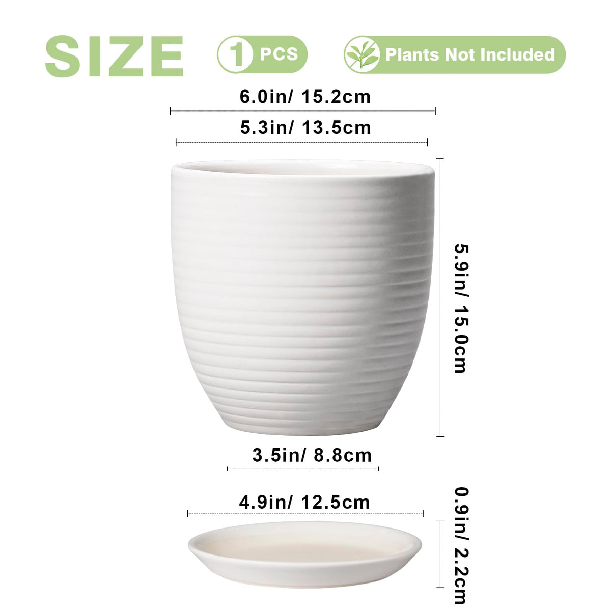 EPFamily Ceramic Pots for Plants - 6 Inch Plant Pot with Drainage Hole and Saucer, Round Planters