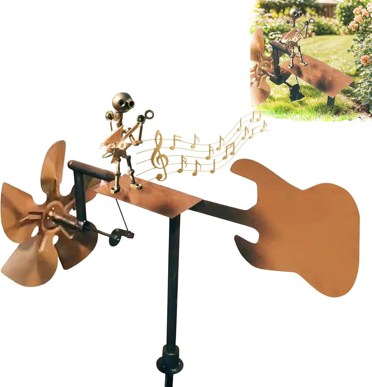Garden Handmade Metal Rock Band Drummer Guitar Windmill, Kinetic Art Metal Sculpture Wind Spinners