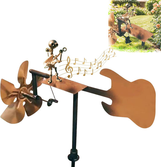 Garden Handmade Metal Rock Band Drummer Guitar Windmill, Kinetic Art Metal Sculpture Wind Spinners