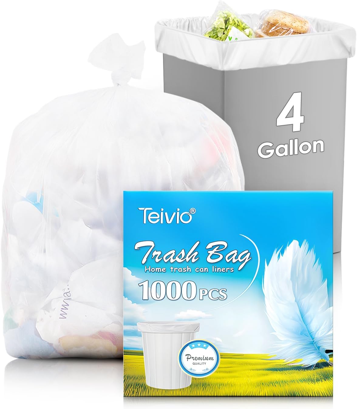 4 Gallon 1000 Counts Strong Trash Bag Garbage Bags by Teivio, Bathroom Trash Can Bin Liners, Small