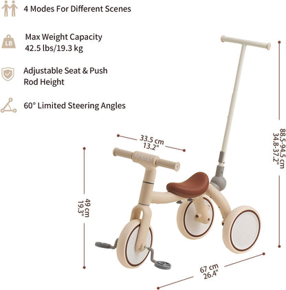 4-in-1 Toddler Tricycle with Adjustable Push Handle for 1-4 Year Old,Birthday Gift and Toy for Boys