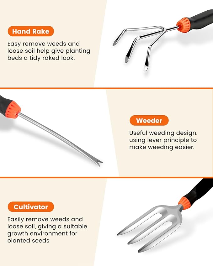 Garden Tool Set, 7 Piece Stainless Steel Heavy Duty Gardening Tool Set, with Non-Slip Rubber Grip