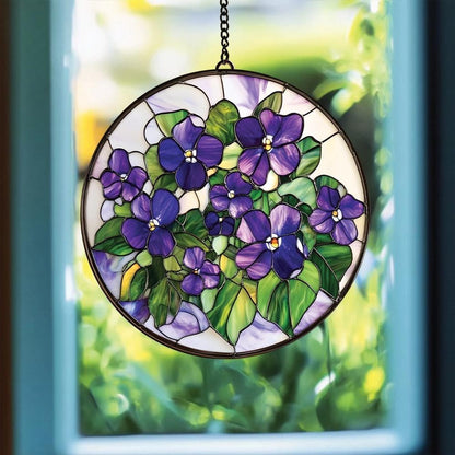 Violets Flower Acrylic Suncatcher Stained Glass Effect Window Car Hanging Christmas Ornament Indoor