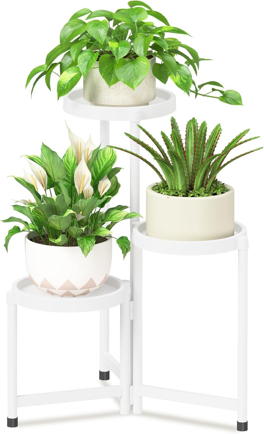 iDavosic.ly 3 Tier Folding Plant Stand Indoor Outdoor with Plastic Tray, Tiered Corner Flower