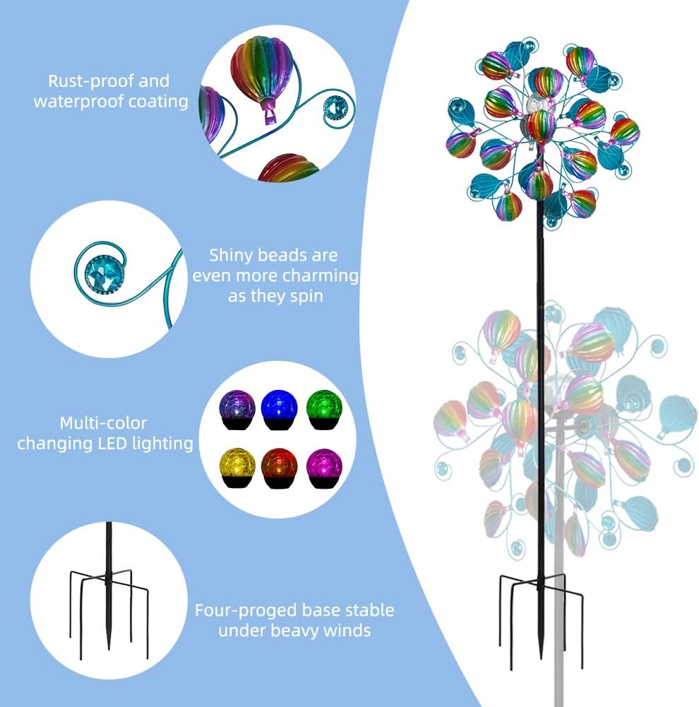 Solar Wind Spinners Outdoor,Hot Air Balloon Wind Spinner with LED Glass Ball,Muti-color Wind