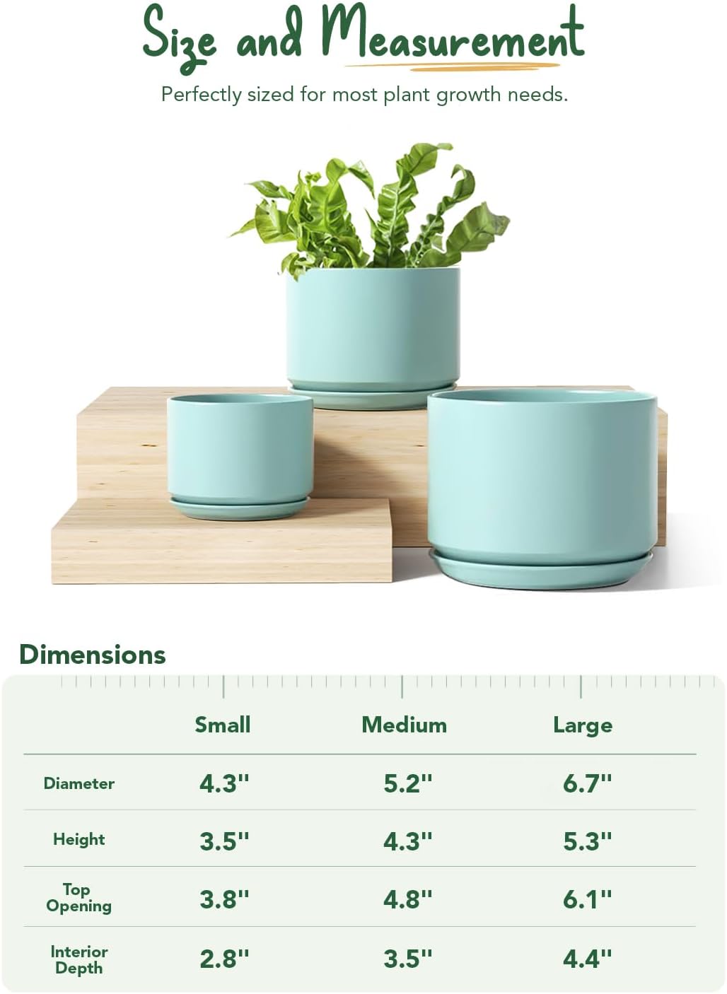LE TAUCI Ceramic Plant Pots, 4.3+5.3+6.8 inch, Set of 3, Planters with Drainage Hole and Saucer