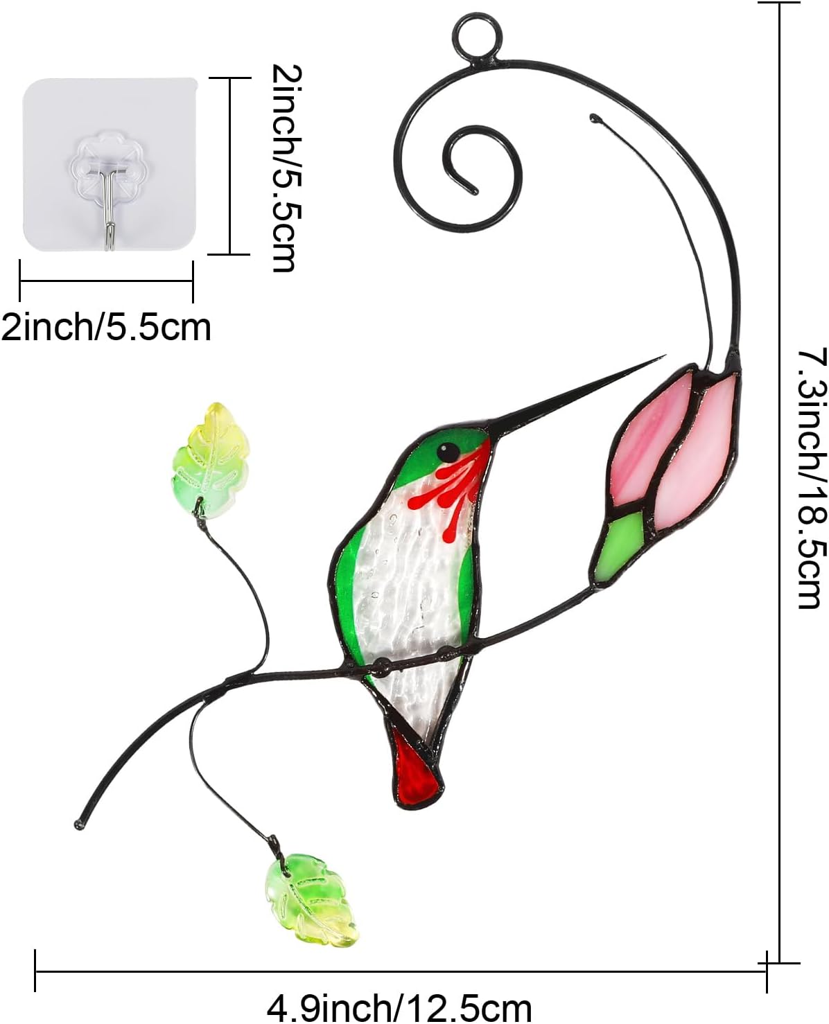 Handmade Stained Glass Hummingbird Suncatcher, Window Hanging Ornament with Flower Design, Indoor