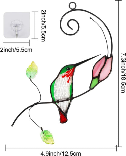 Handmade Stained Glass Hummingbird Suncatcher, Window Hanging Ornament with Flower Design, Indoor