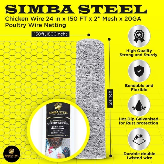 Chicken Wire 24 in x 150 FT x 2” Mesh x 20GA | Poultry Wire Netting | Hot Dipped Galvanised |