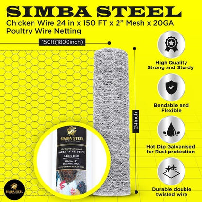 Chicken Wire 24 in x 150 FT x 2” Mesh x 20GA | Poultry Wire Netting | Hot Dipped Galvanised |