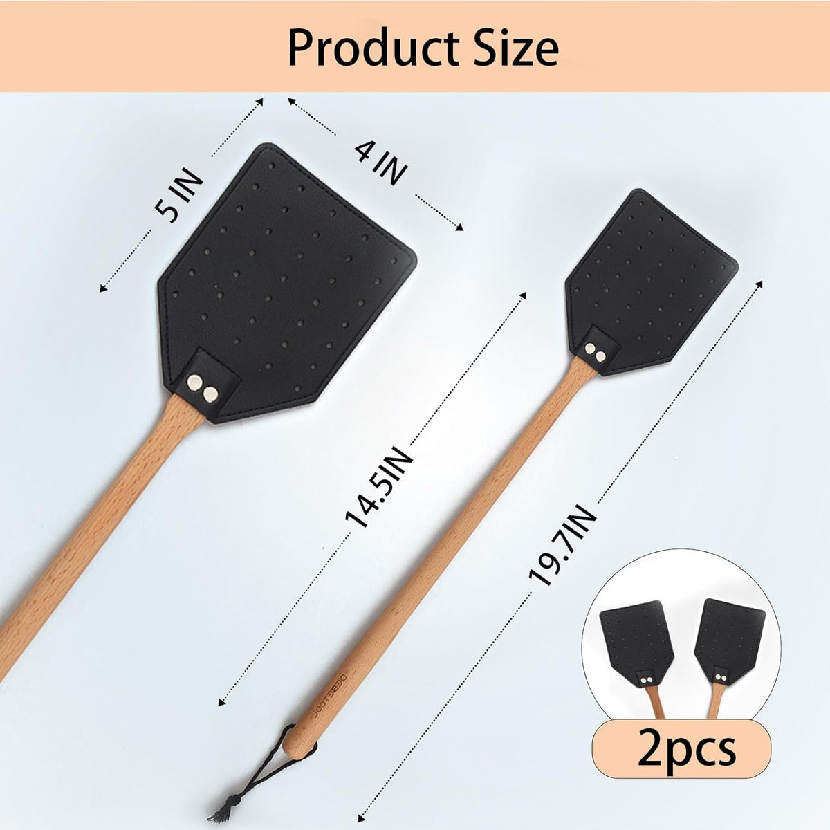 Indoor Leather Fly Swatter - 2 Pack Long Handle Heavy Duty Fly Swatter with Hanging Rope, Wood Fly