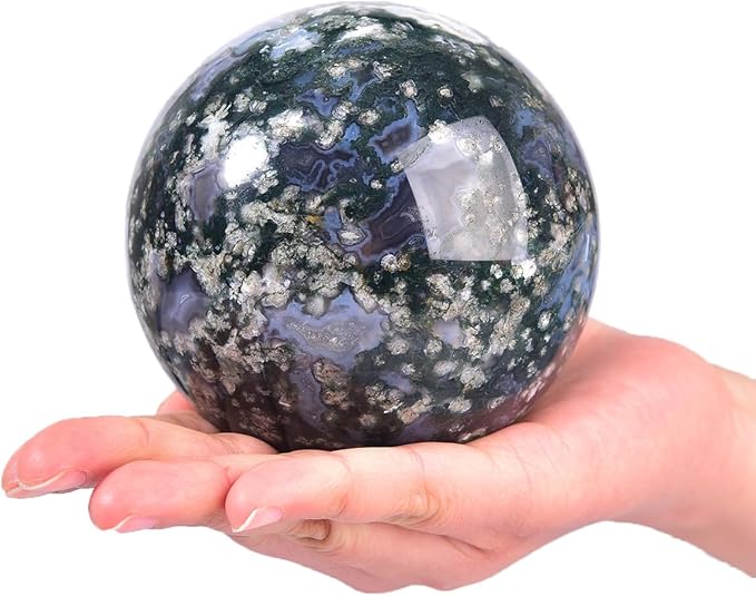 Large Moss Agate Crystal Sphere Natural Healing Crystal Ball with Stand Meditation Decorative Balls