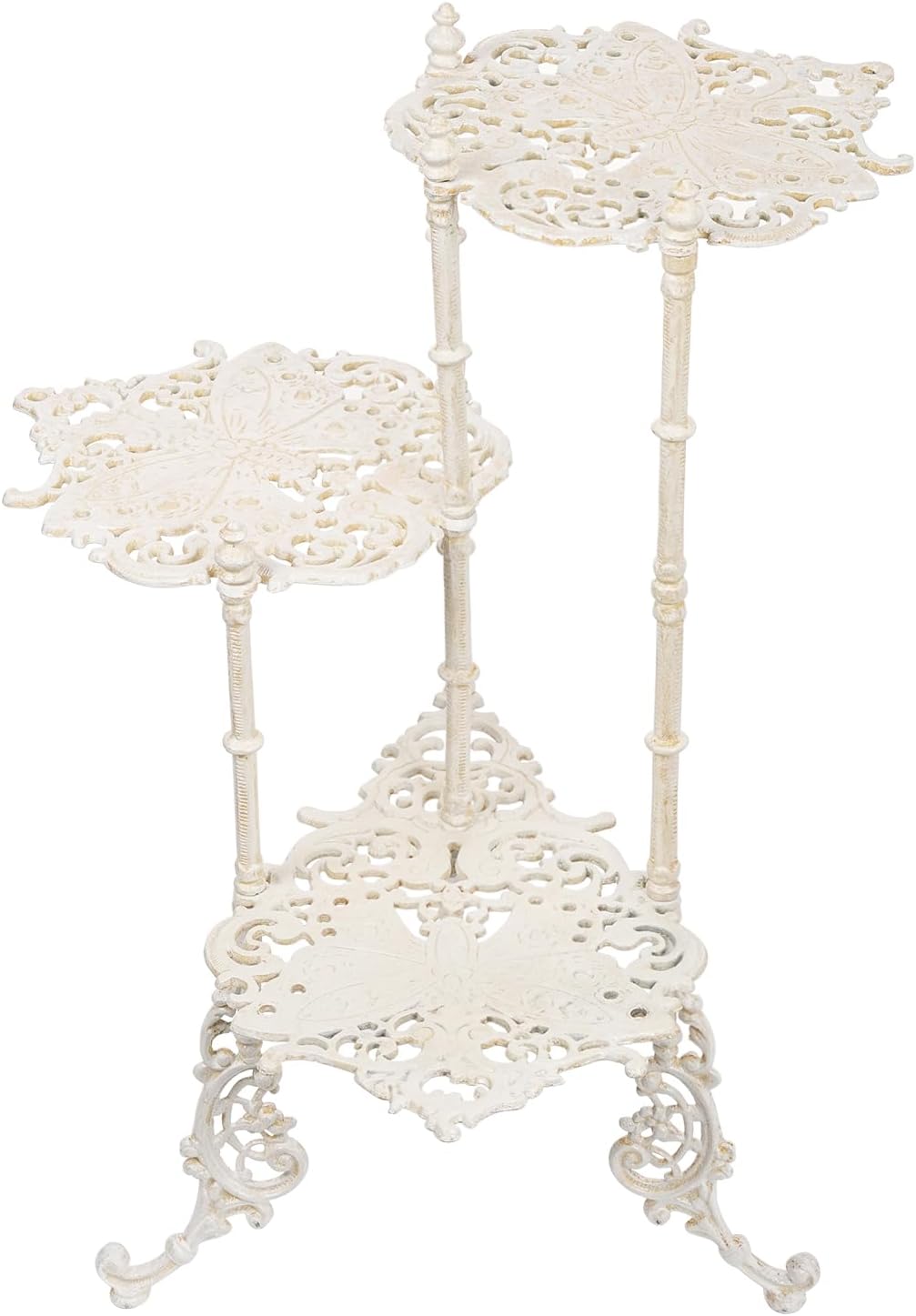 Sungmor Vintage Cast Iron 3-Tier Plant Stand, Elegant Butterfly & Floral Design with Antique White