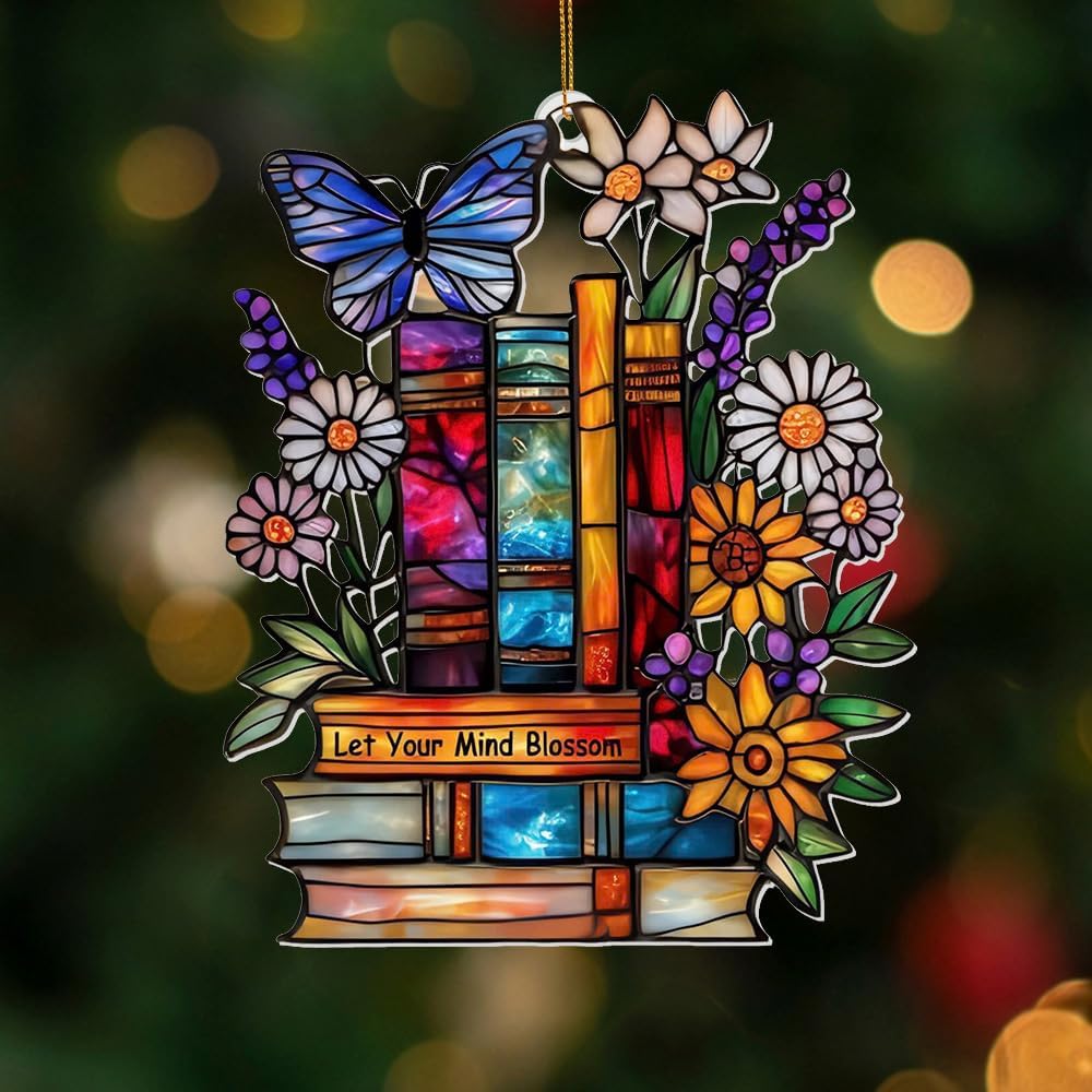 Book Ornament – Stained Glass Style Acrylic Christmas Ornament with,Teacher Back To School Gift