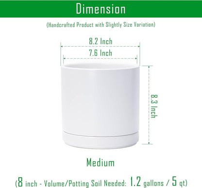 D'vine Dev 8.2 Inch Ceramic Planter Pot with Drainage Hole and Saucer, Indoor Cylinder Round