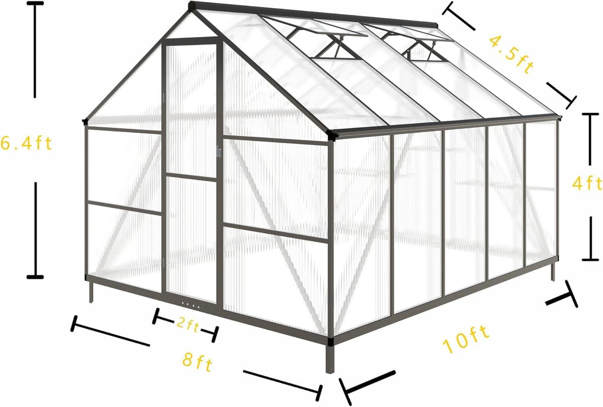 CQZY 8x10 FT Greenhouse for Outdoors, Polycarbonate Greenhouse with Quick Setup Structure and Roof